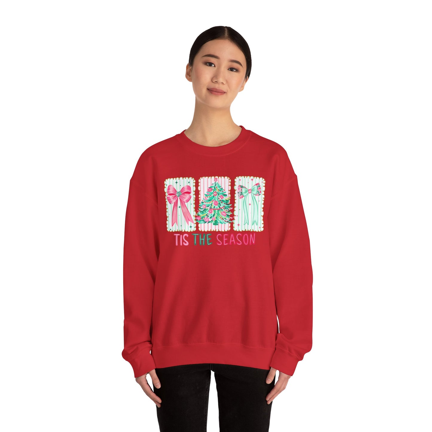 🎀🎄 ’Tis The Season Sweatshirt – Pastel Bows & Merry Tree Vibes ✨☃️