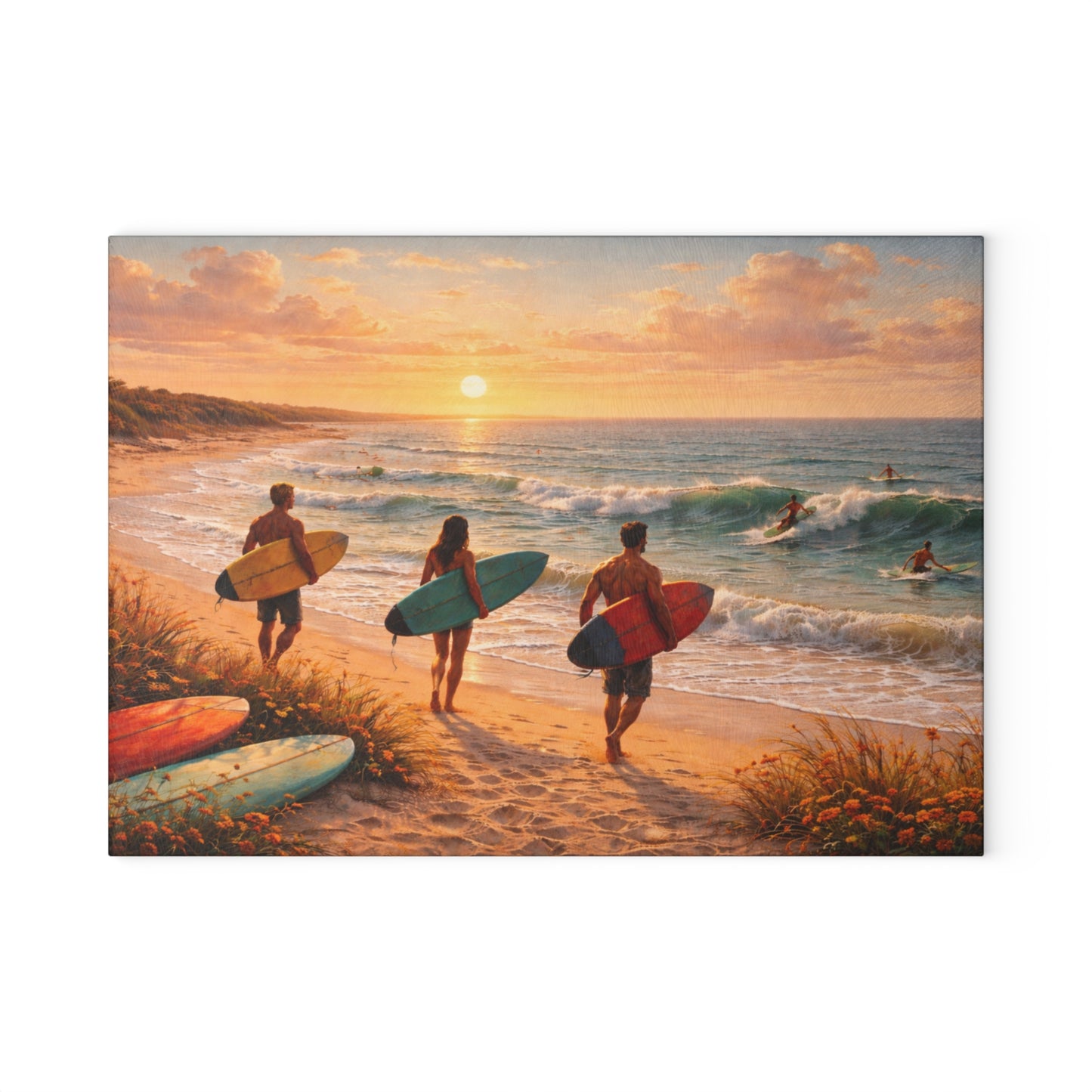 Golden Hour Surf Coast Glass Cutting Board – Coastal Sunset Ocean Kitchen Decor