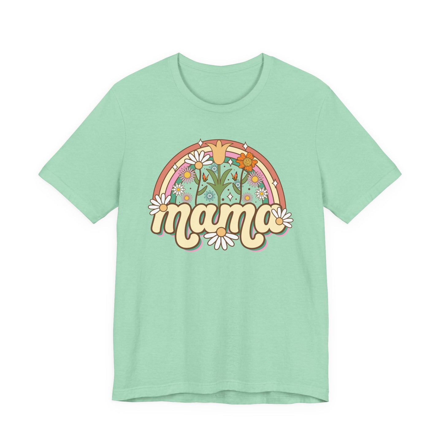 🌼🌈 Retro Floral Mama T-Shirt – Boho Rainbow Graphic Tee for Moms 🌻✨