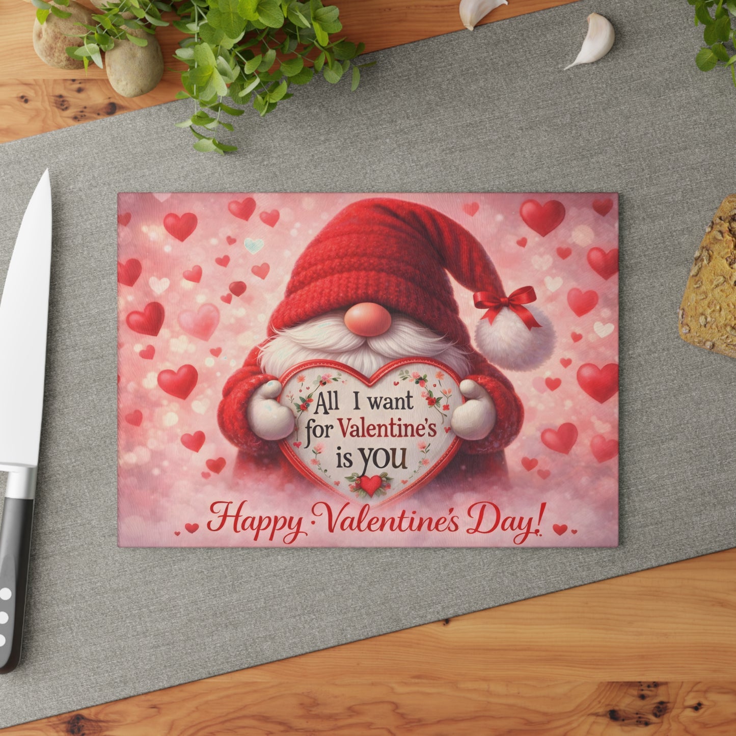 Valentine Gnome Glass Cutting Board – Romantic Heart-Themed Kitchen Décor