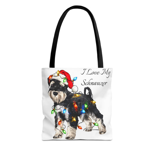 🎄 I Love My Schnauzer Tote Bag – Christmas Lights & Holiday Woofs 🐾