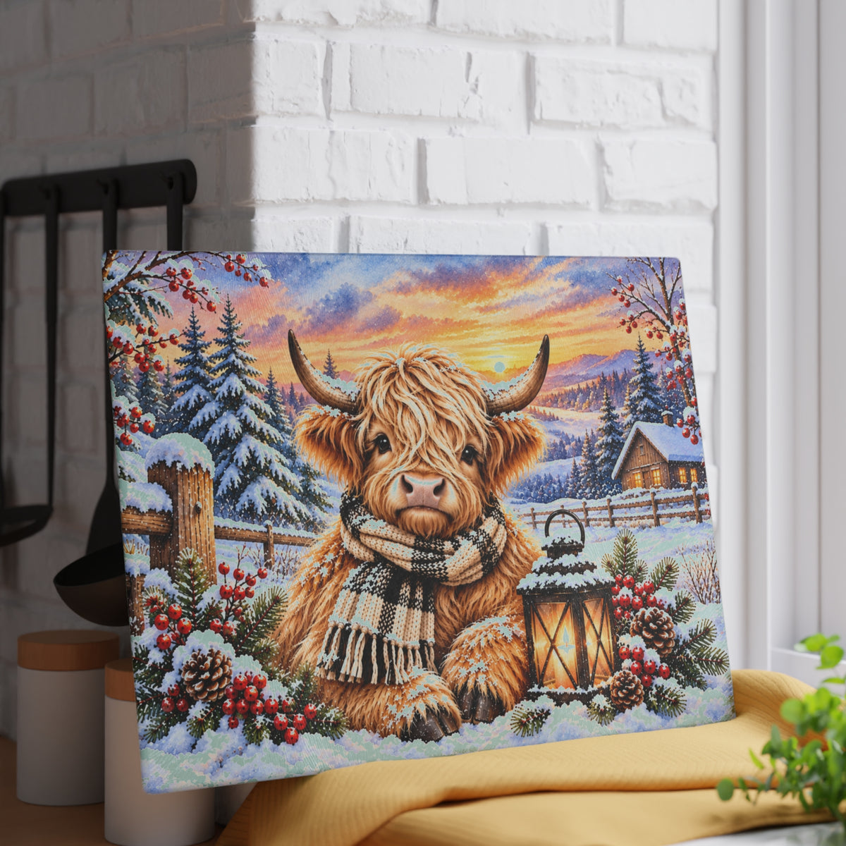 Winter Highland Cow Tempered Glass Cutting Board – Cozy Plaid Scarf Snowy Farmhouse Art – 11 × 15 Inches