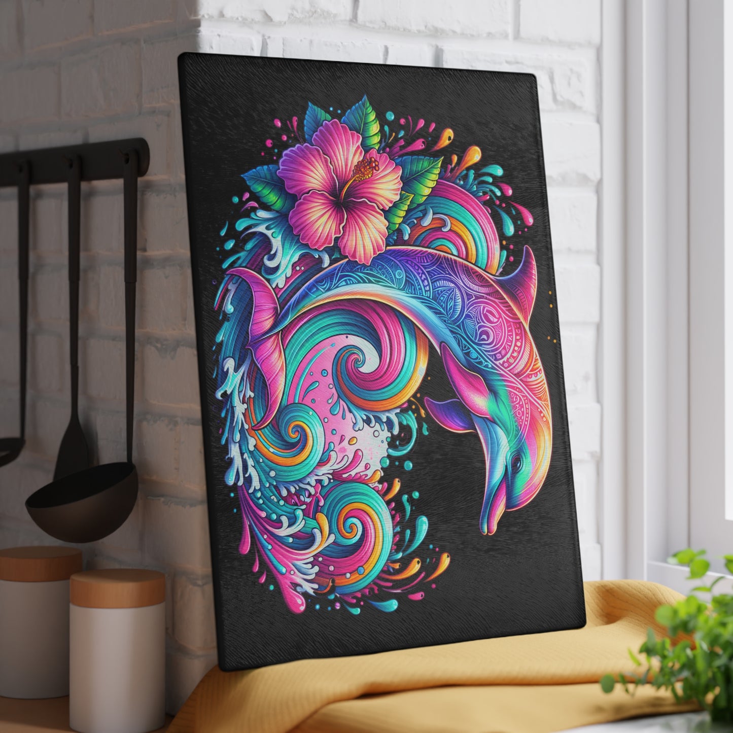 Ocean Breeze Dolphin Glass Cutting Board | Marine Life Kitchen Decor
