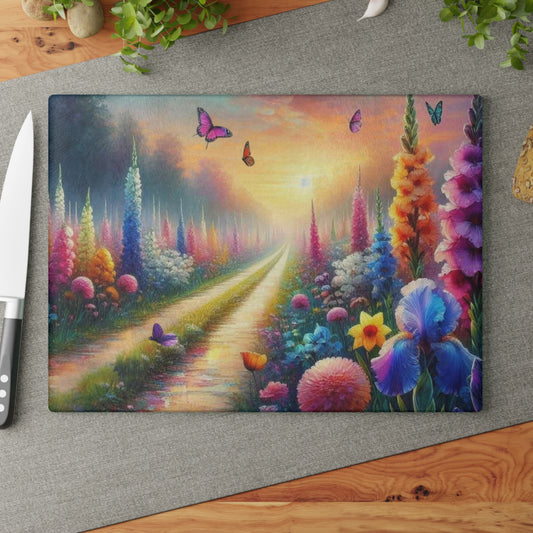 Flores silvestres, tabla de cortar de vidrio templado, tabla de charcutería, bandeja para servir, tabla de jalá, decoración de cocina, arte funcional de cocina, único
