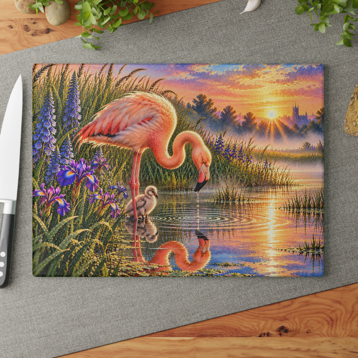 Flamingo & Baby at Sunset – Tempered Glass Cutting Board