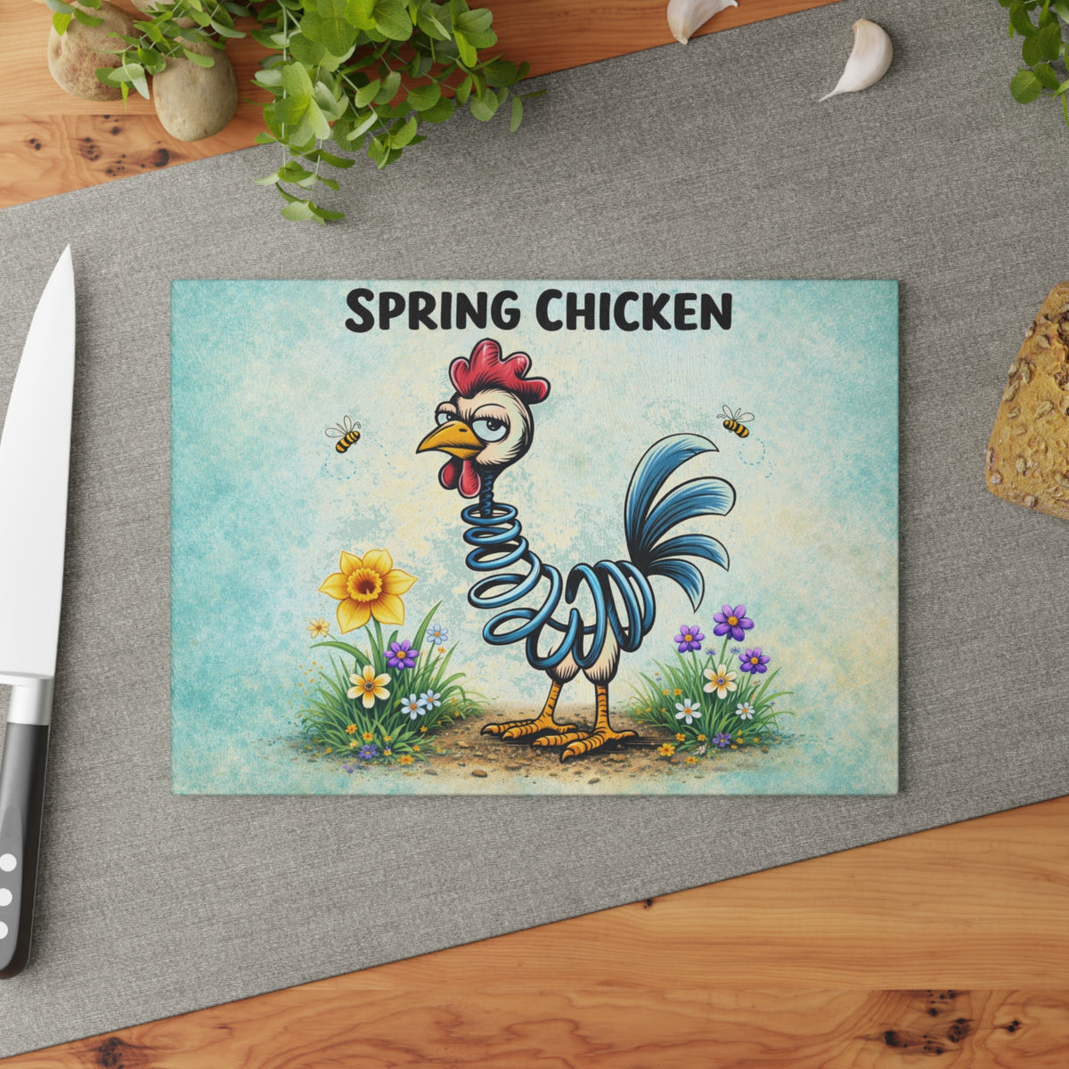 Spring Chicken Glass Cutting Board – Whimsical Chicken Artwork with Playful Spring Humor