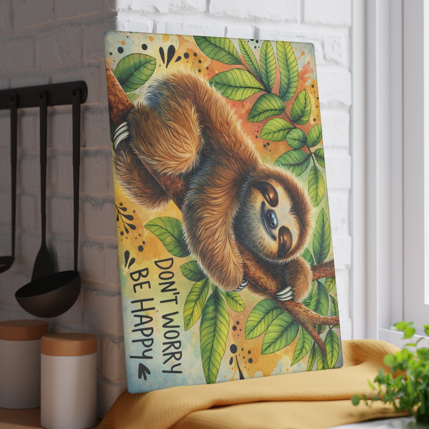 Don’t Worry Be Happy Glass Cutting Board – Whimsical Sloth Artwork