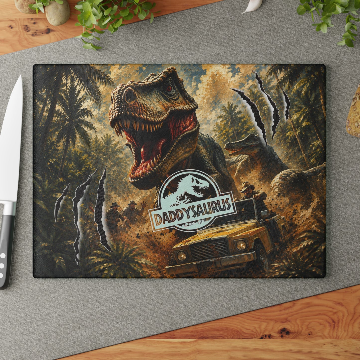 Daddysaurus Dinosaur Glass Cutting Board – Funny Dad Dinosaur Kitchen Decor