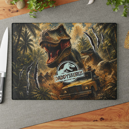 Daddysaurus Dinosaur Glass Cutting Board – Funny Dad Dinosaur Kitchen Decor