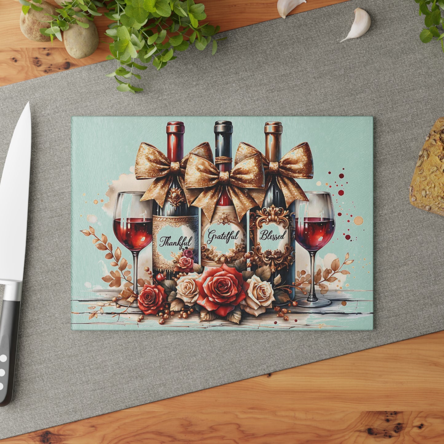 🍷 Thankful, Grateful, Blessed Wine Bottle Cutting Board – Elegant Holiday Kitchen Décor