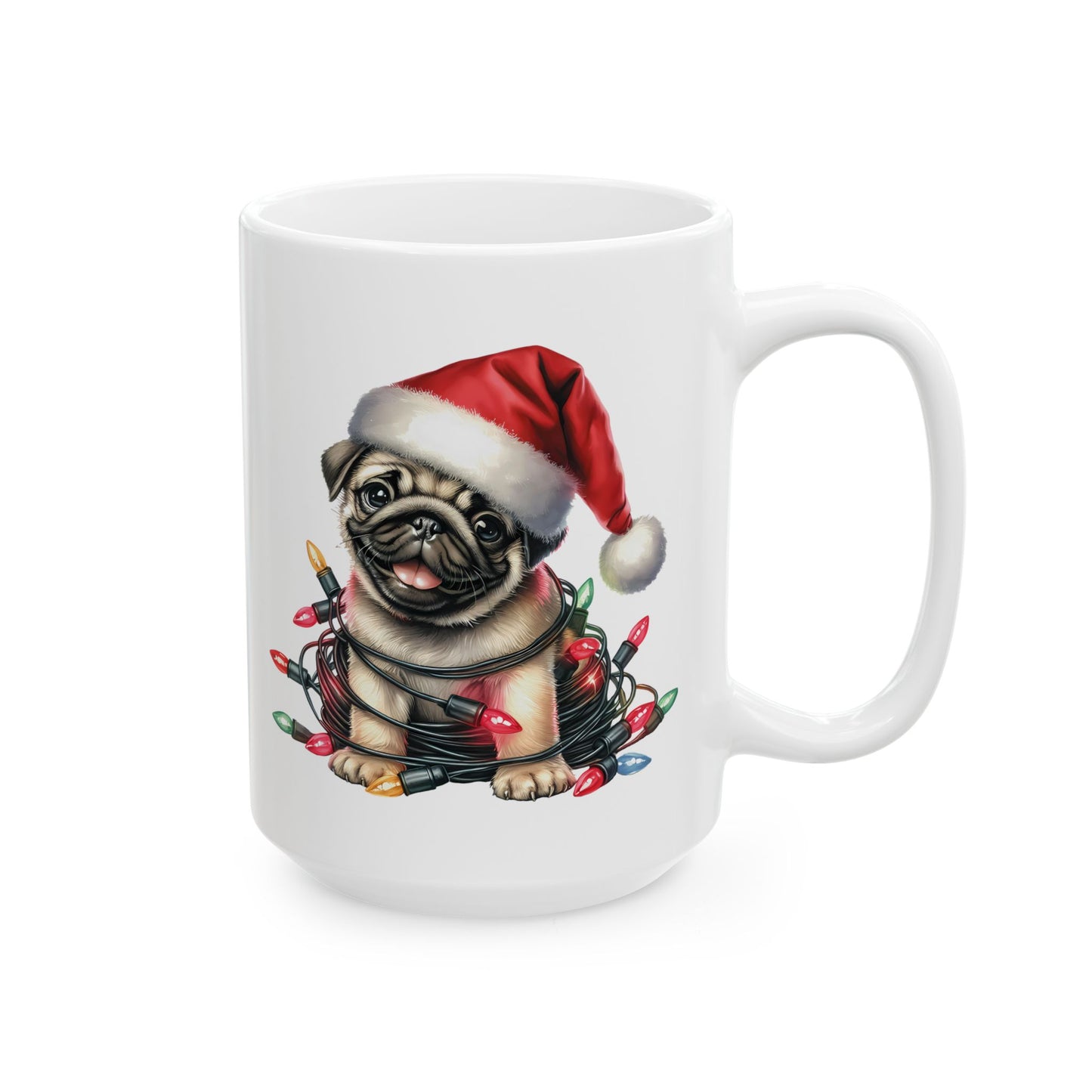 🎄 Pug Christmas Mug – Festive Santa Hat & Tangled Lights Delight 🎁
