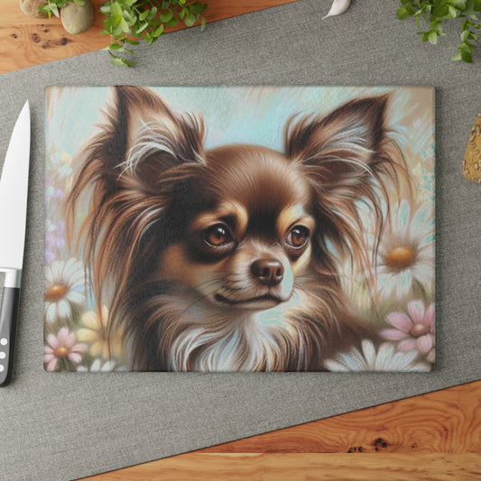 🌼 Long-Haired Chihuahua Cutting Board – Delicate Florals & Big Personality Charm 🐾