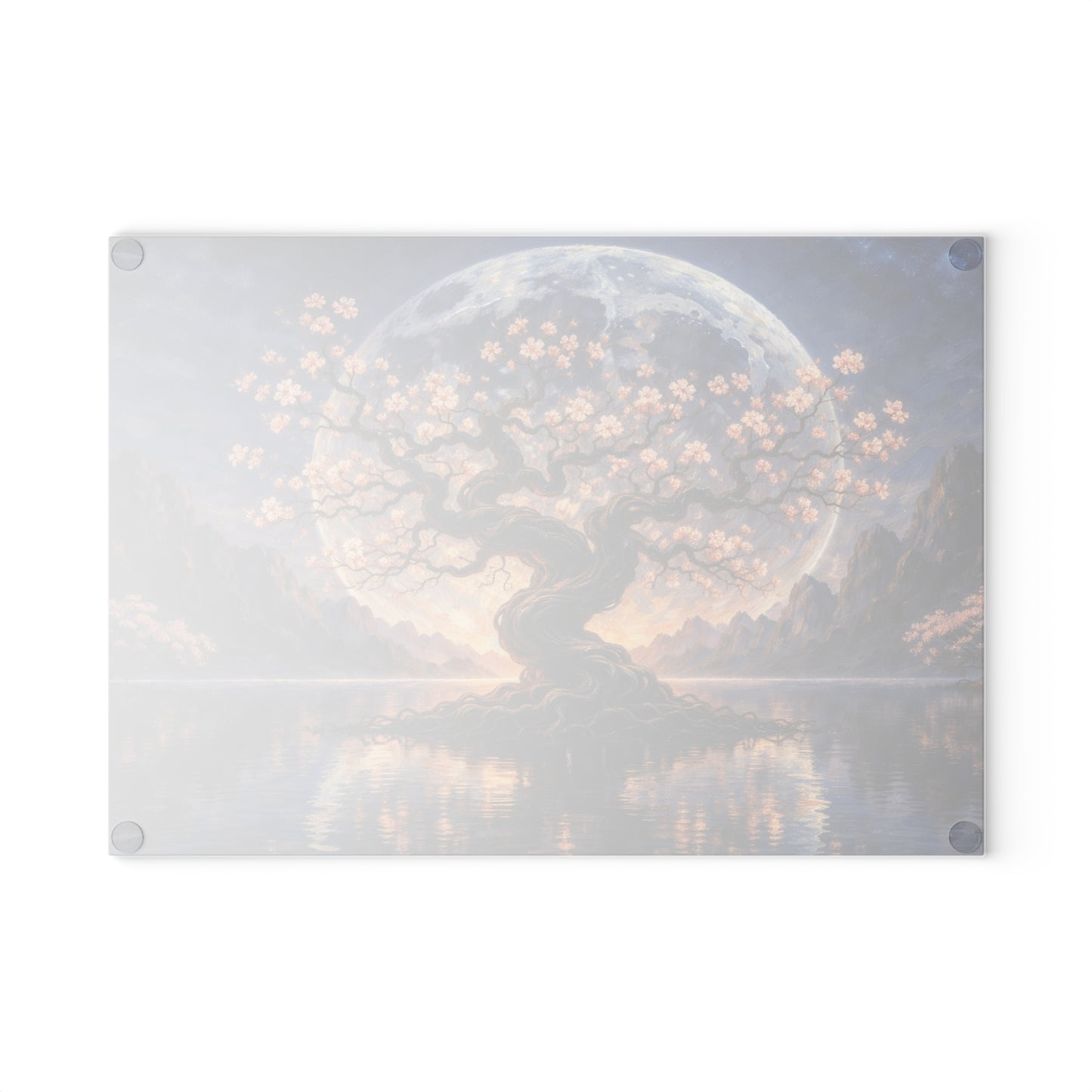 Moonlit Blossom Tree Glass Cutting Board – Dreamlike Fantasy Kitchen Art