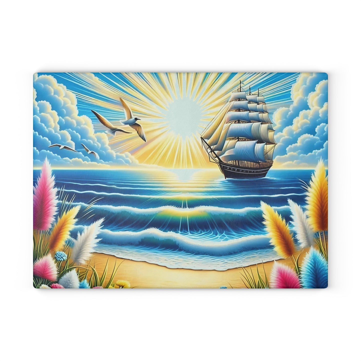 Tabla de cortar con un vibrante atardecer en el océano: decoración náutica de vidrio para cocinas costeras