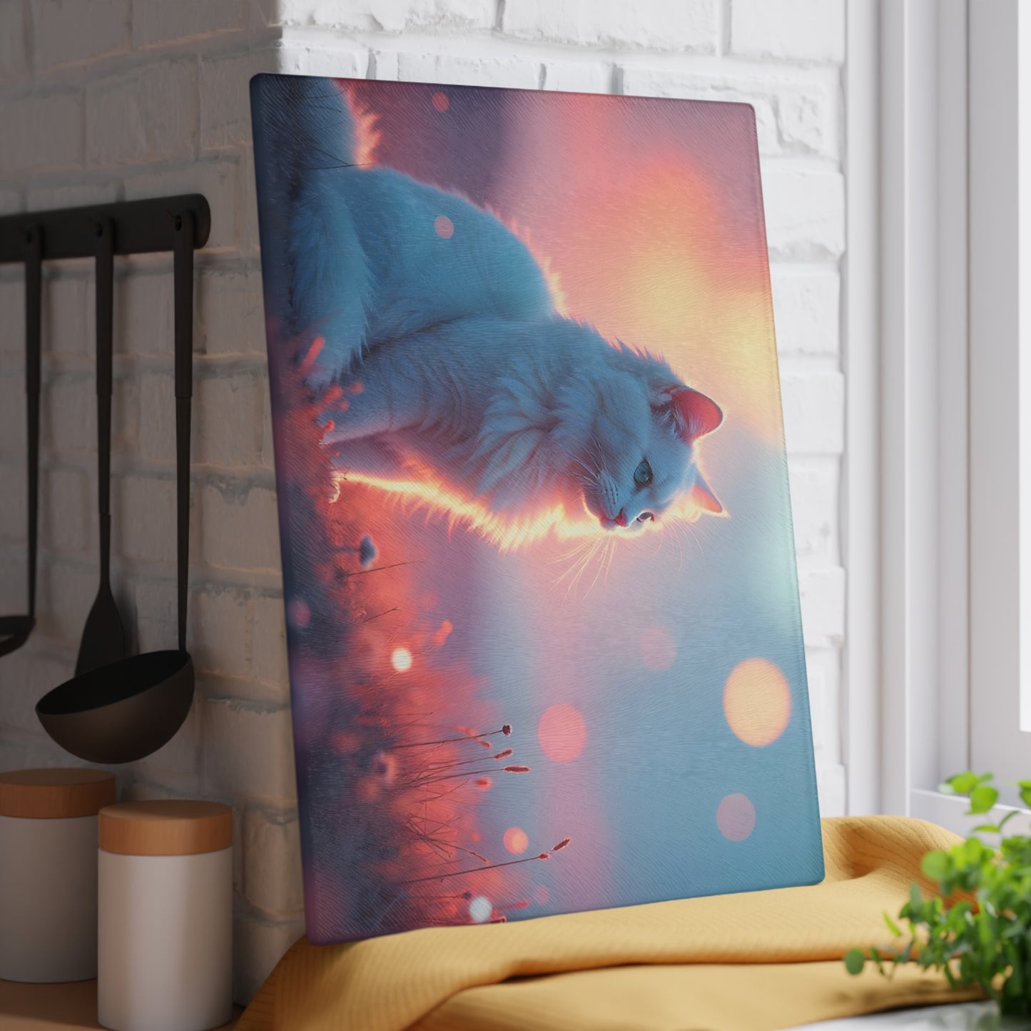 🐱🌅 White Cat Sunset Glow Cutting Board – Serene Elegance for Your Kitchen ✨