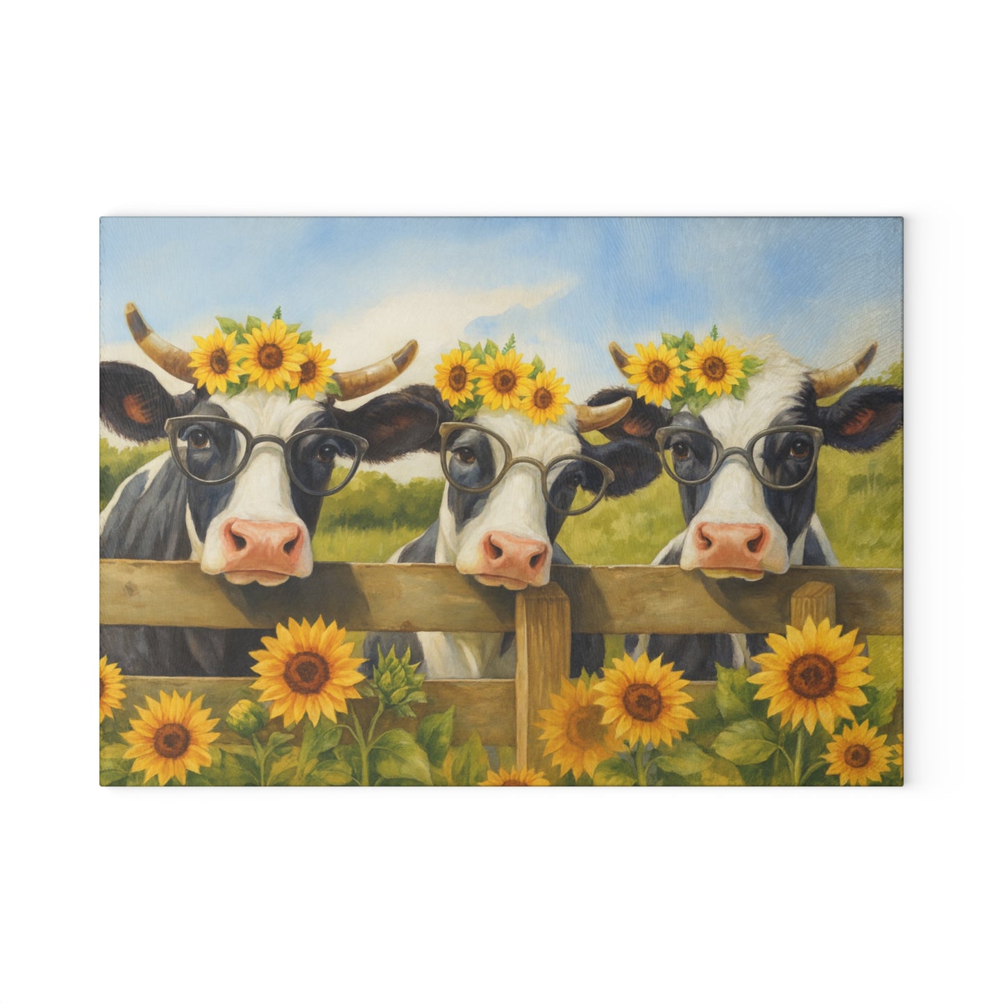 🐮🌻 “Sunflower Cow Trio” Glass Cutting Board – Bright Farmhouse Smiles