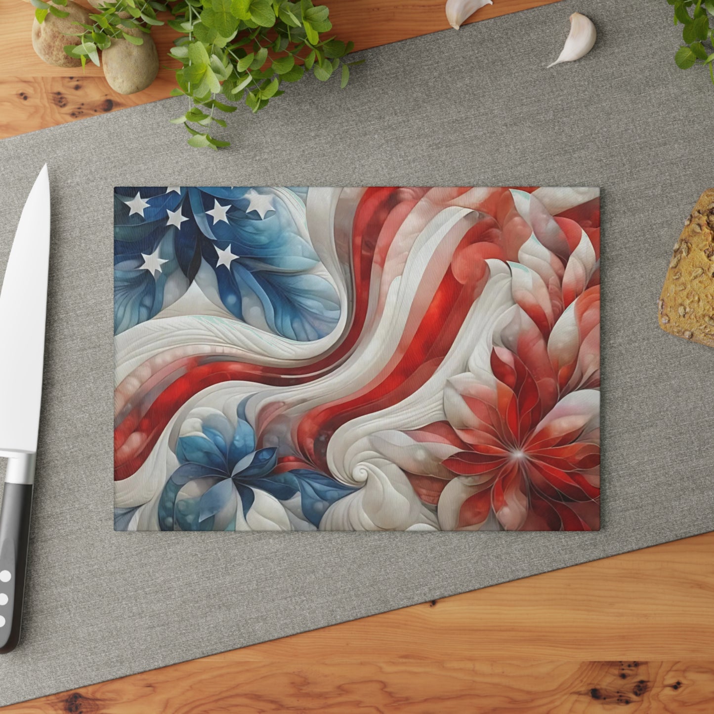 4th of July Quilt looking Glass Cutting Board – Patriotic Charm Meets Function