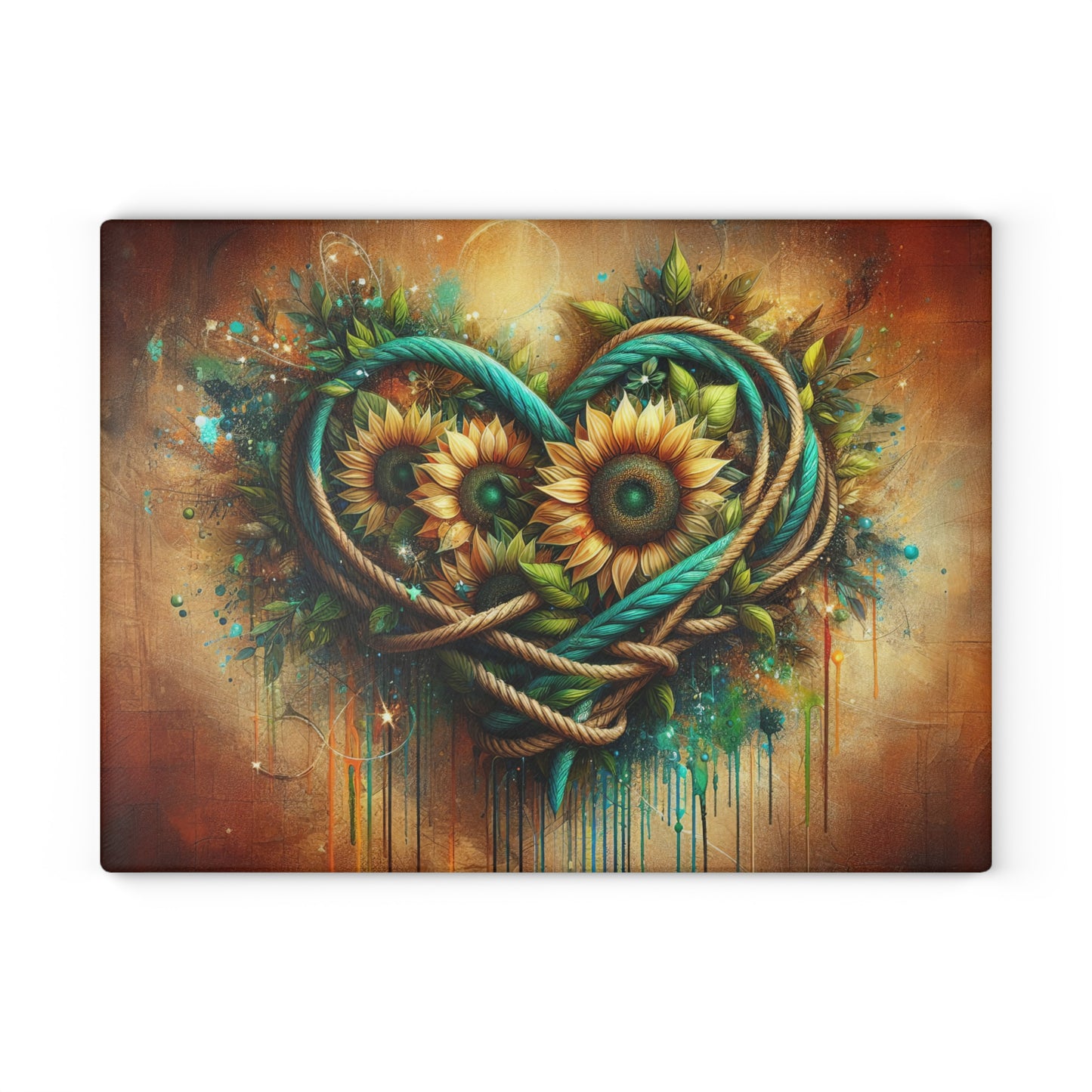 Sunflower Rope Heart Glass Cutting Board – Rustic Floral Love Kitchen Display