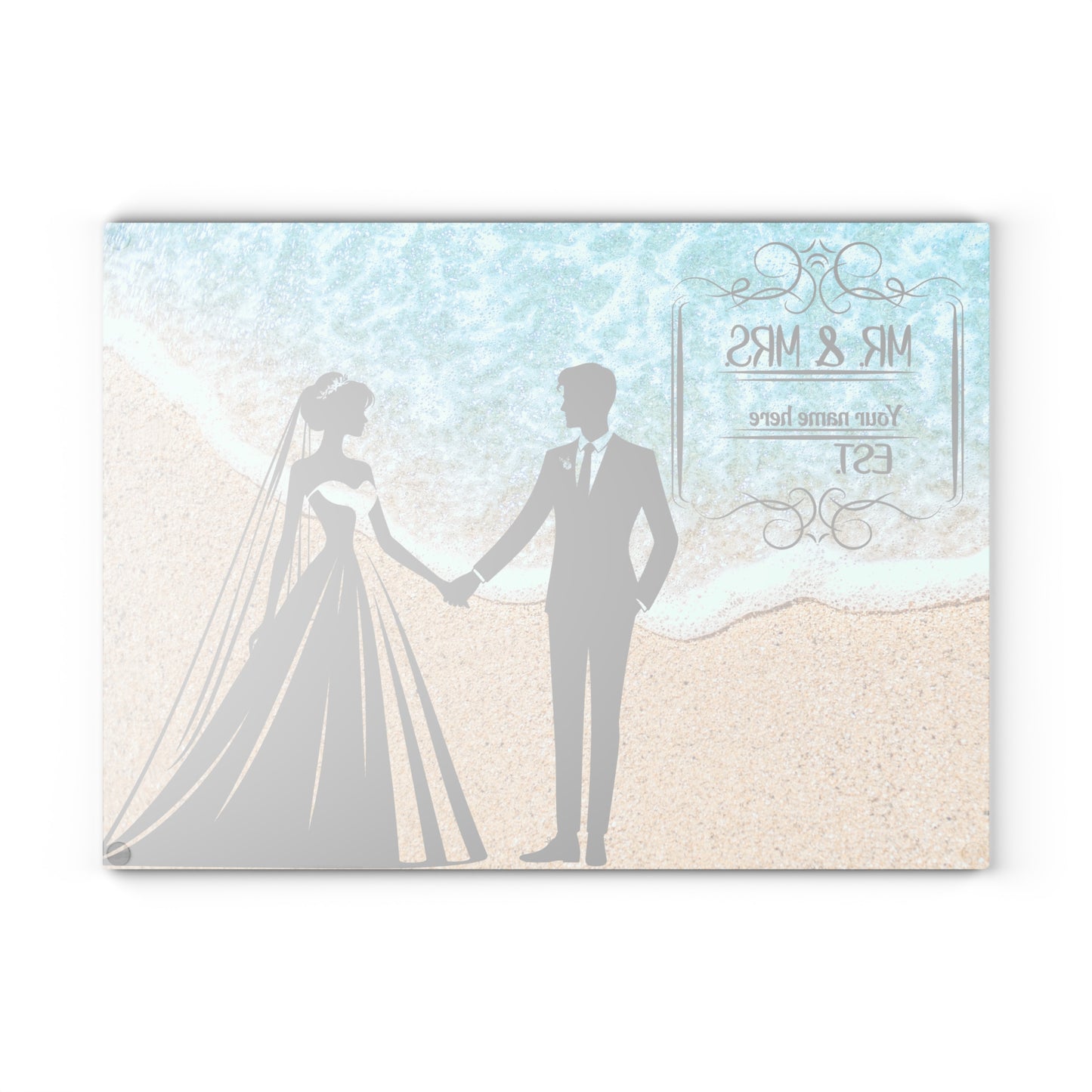 Tabla de cortar para novios en la playa: recuerdo personalizado de boda en la playa con apellido y año
