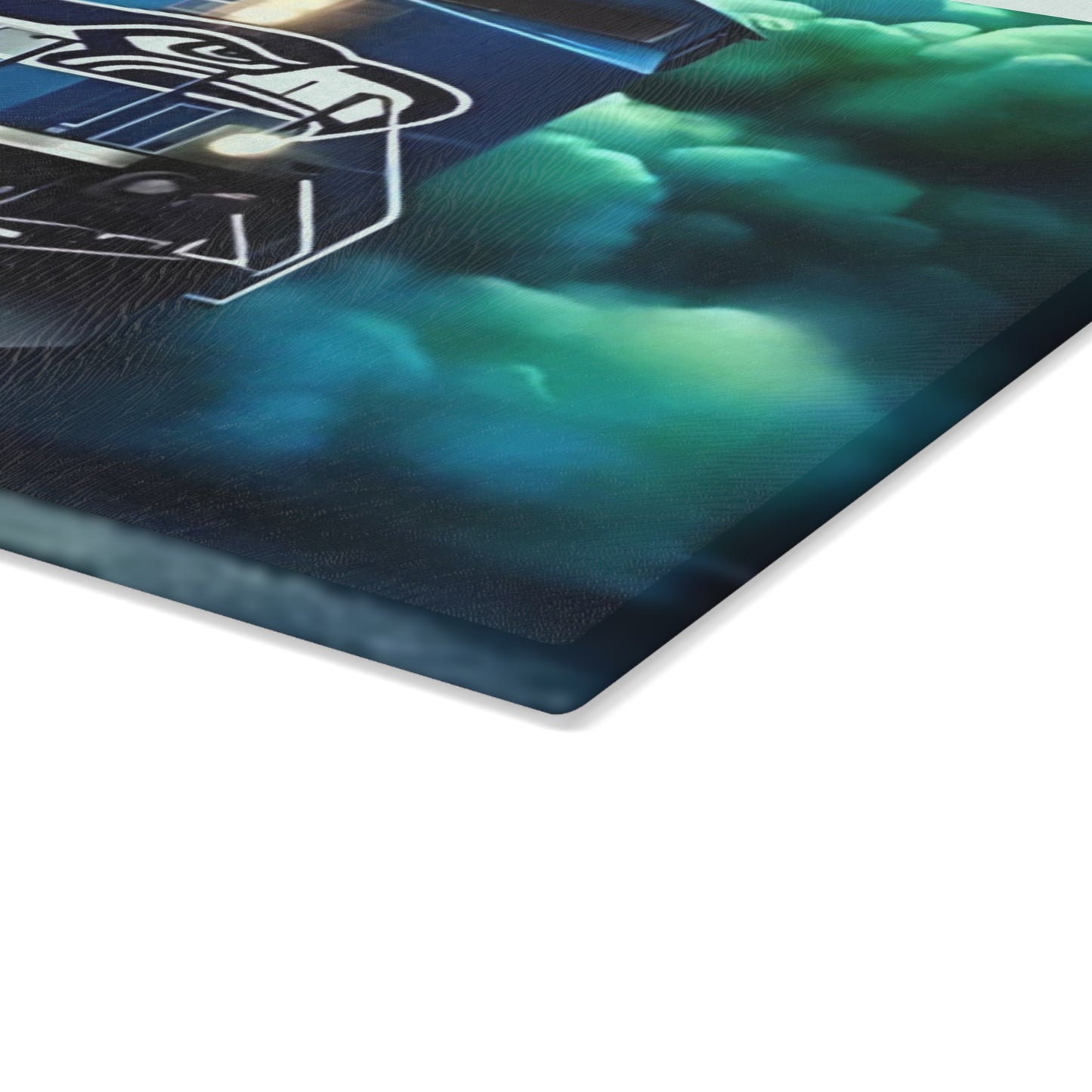 Navy & Bright Green Express Glass Cutting Board – Bold Train Art for Modern Kitchens