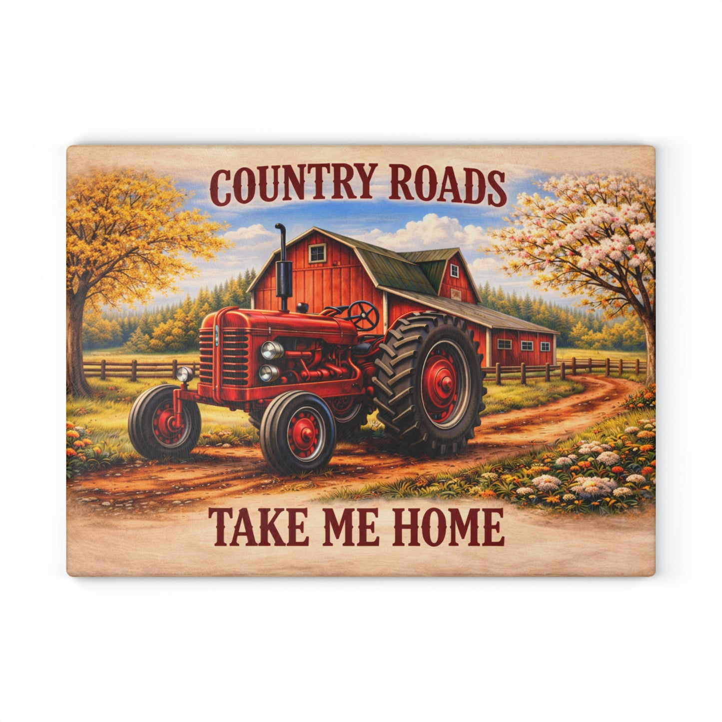 Country Roads Tractor Glass Cutting Board – Rustic Farmhouse Charm for Your Kitchen