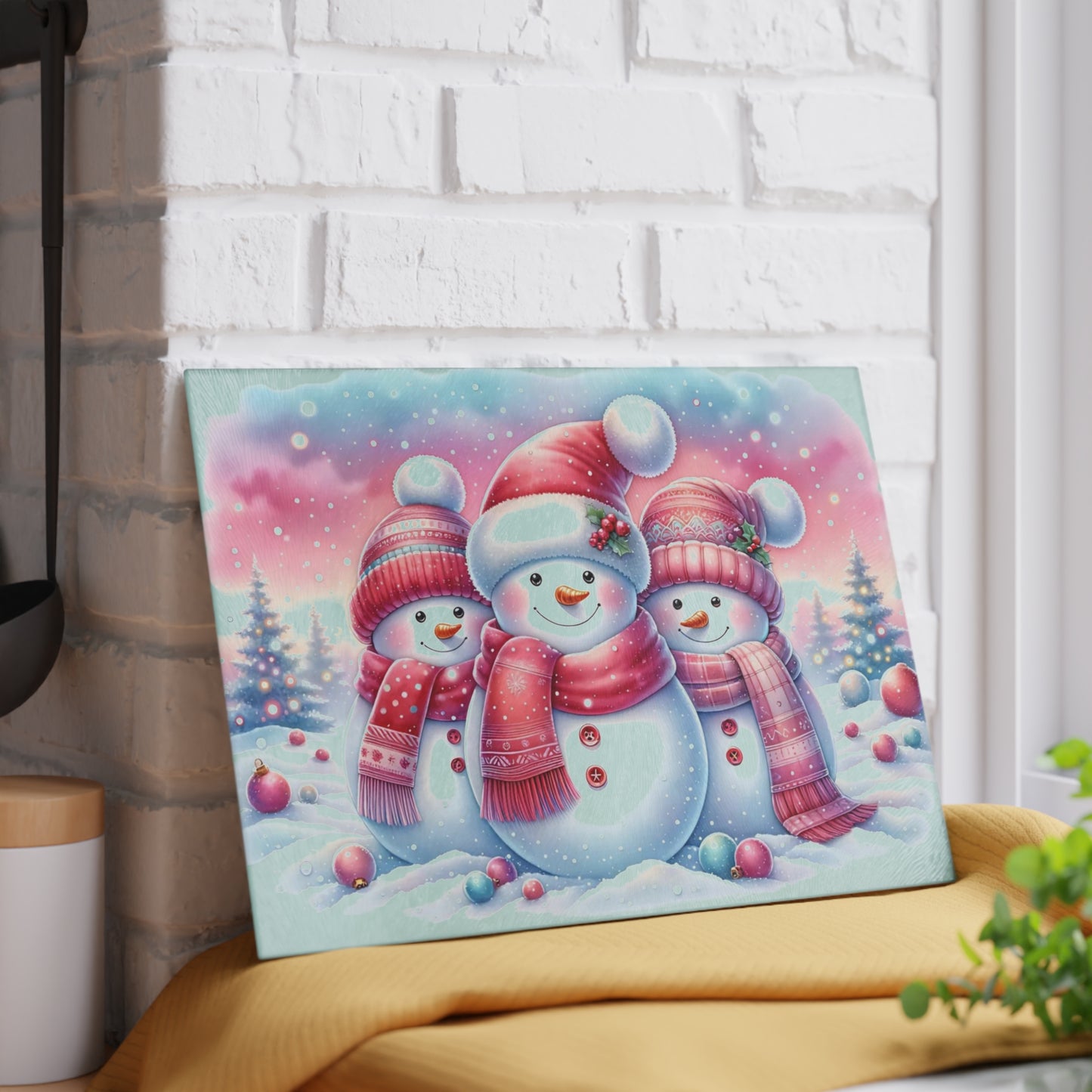 ⛄️🎀 “Pink Scarf Snowman Trio” Glass Cutting Board – Cozy Charm for Your Kitchen