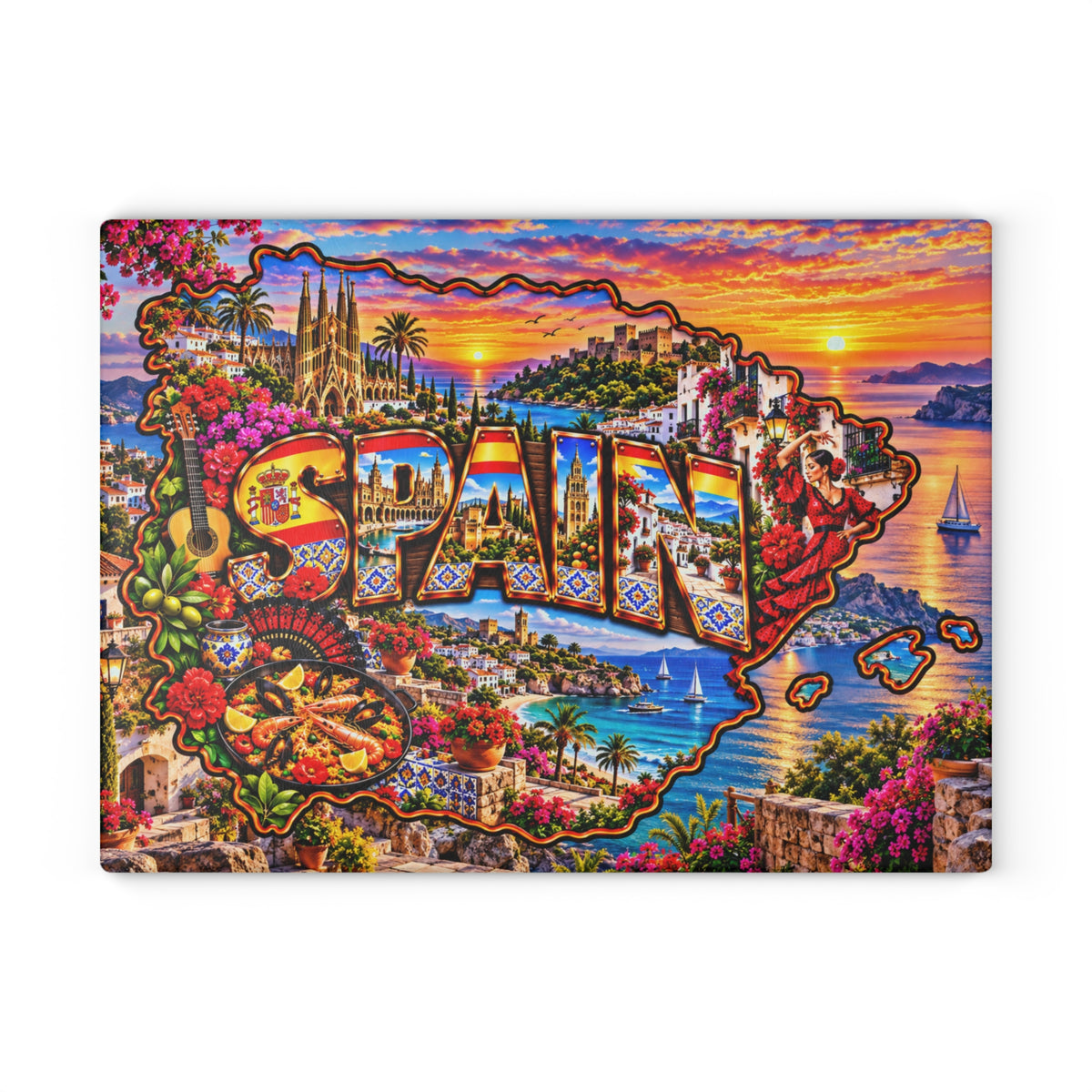 Spain Glass Cutting Board – Spanish Map, Flamenco Dancer, Sagrada Família, Coastal Villages & Mediterranean Sunset Kitchen Décor