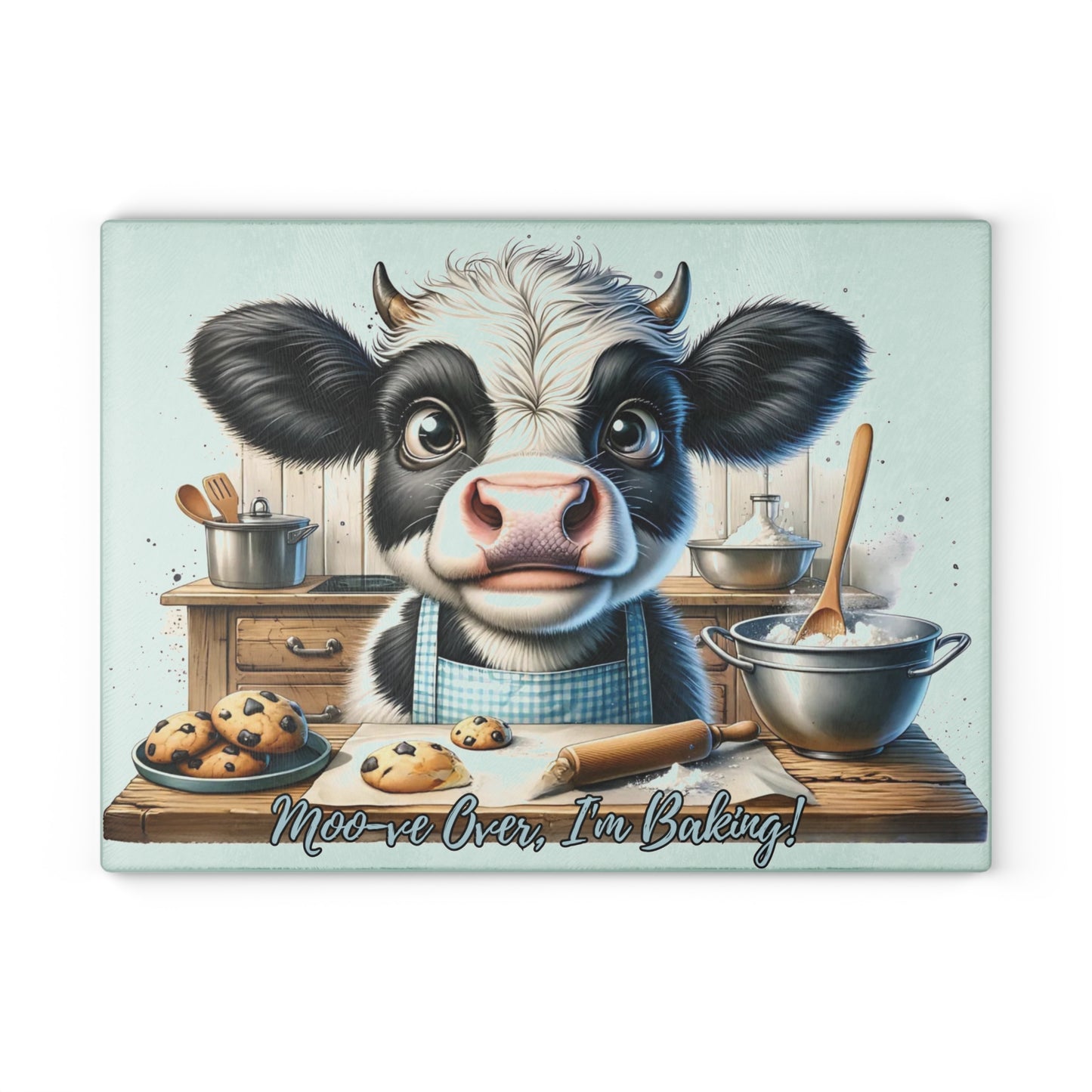 🐮🍪 “Moo-ve Over, I’m Baking!” Tempered Glass Board – Cute Cow Kitchen Laughs