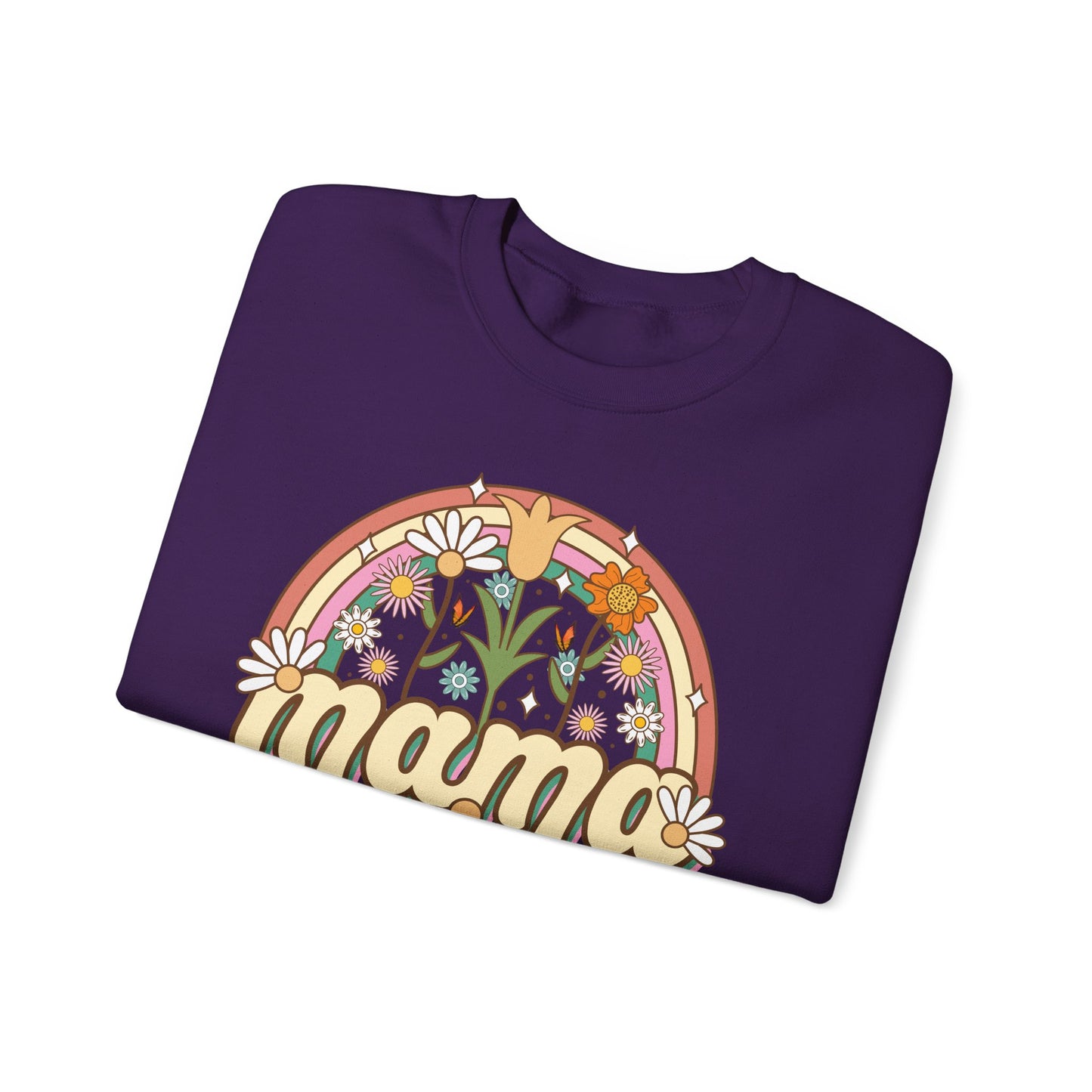 🌼🌈 Retro Floral Mama Sweatshirt – Vintage Rainbow Daisy Mom Crewneck