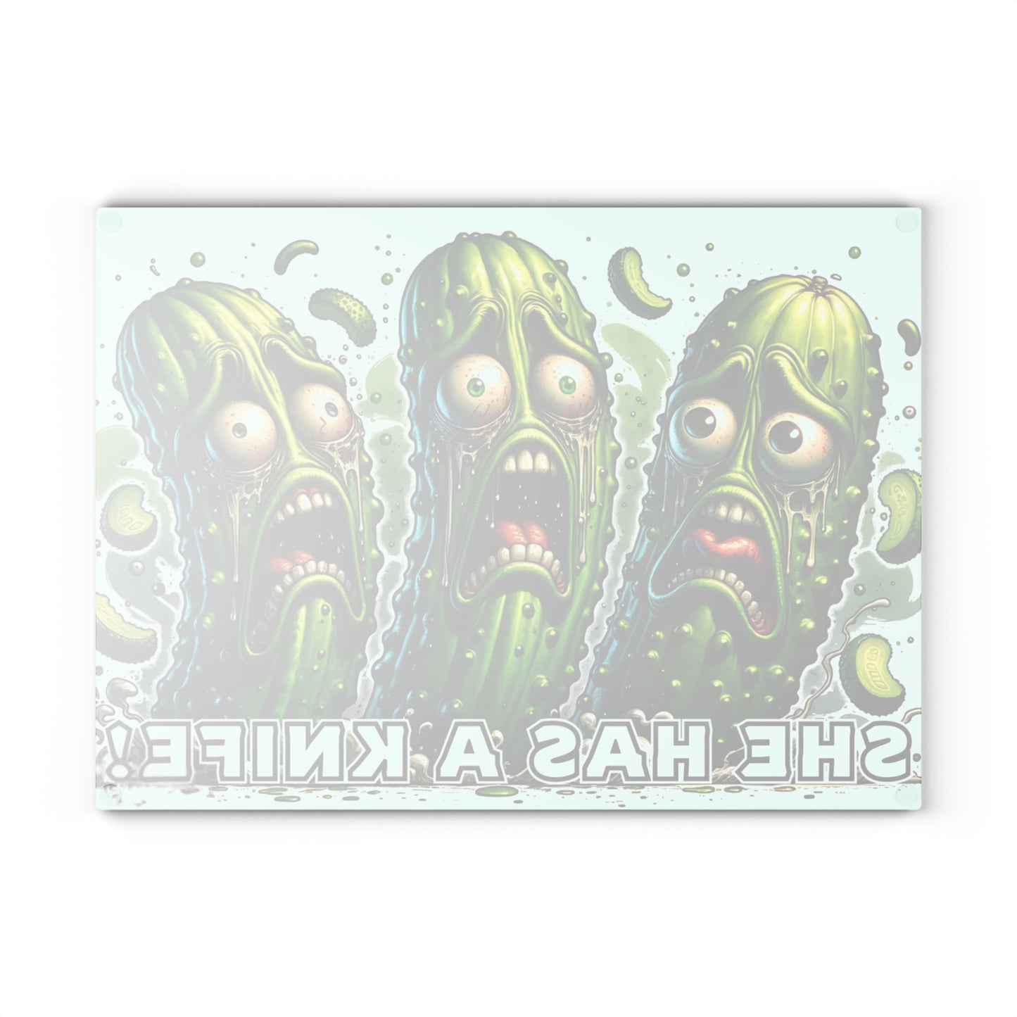 🥒😂 “She Has a Knife!” Glass Cutting Board – Pickle Panic in the Kitchen