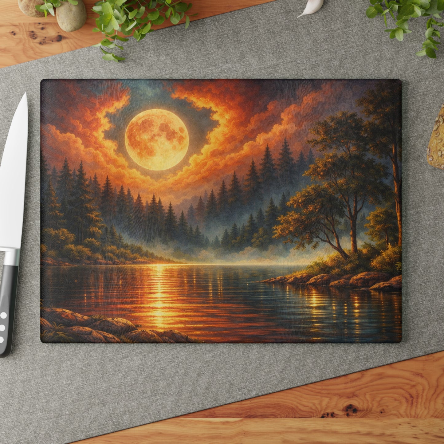 Moonlit Forest Lake Glass Cutting Board – Dramatic Night Landscape Kitchen Art