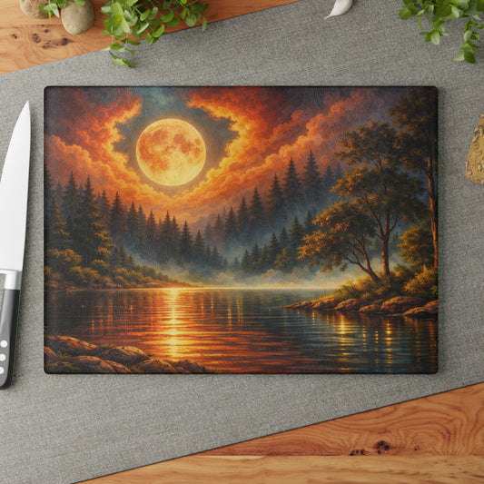 Moonlit Forest Lake Glass Cutting Board – Dramatic Night Landscape Kitchen Art