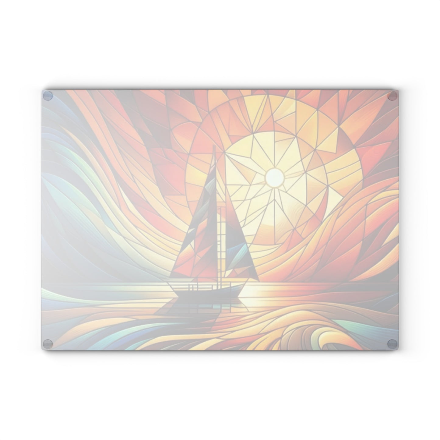 Tabla de cortar con diseño de velero al atardecer con aspecto de vitral: arte costero colorido para la cocina