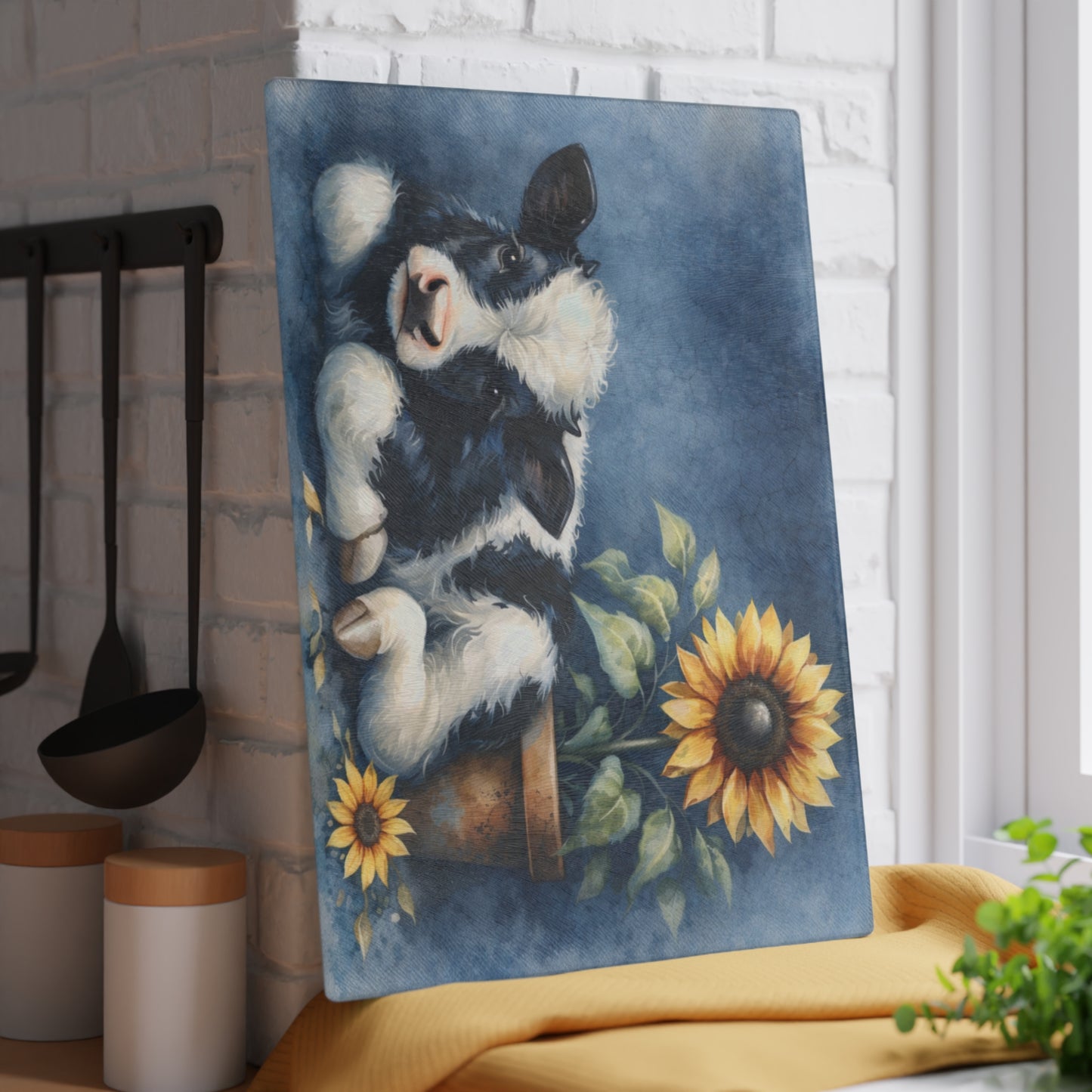 Sunflower & Baby Cow Glass Cutting Board – Rustic Farmhouse Kitchen Decor