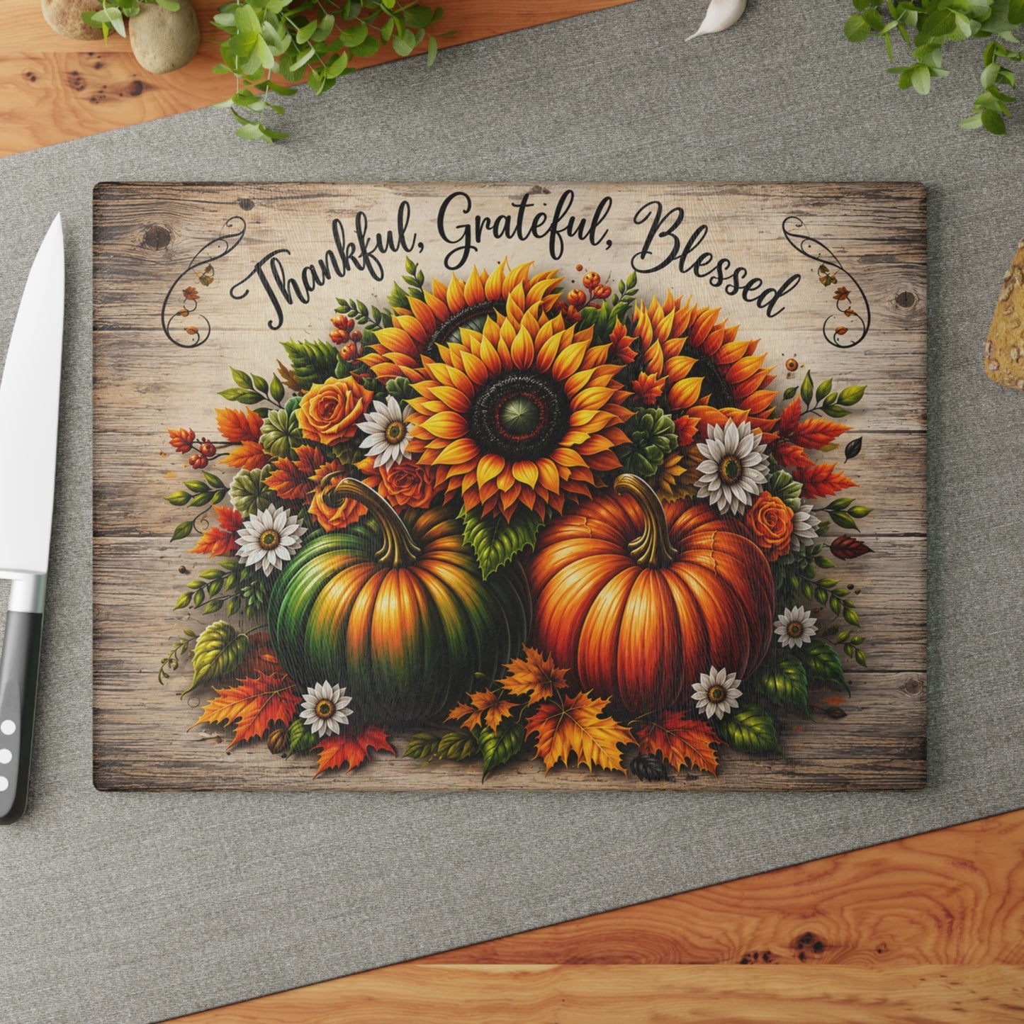 Thankful Grateful Blessed Sunflower & Pumpkin Glass Cutting Board – Fall Harvest Kitchen Decor