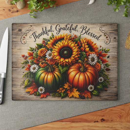 Thankful Grateful Blessed Sunflower & Pumpkin Glass Cutting Board – Fall Harvest Kitchen Decor