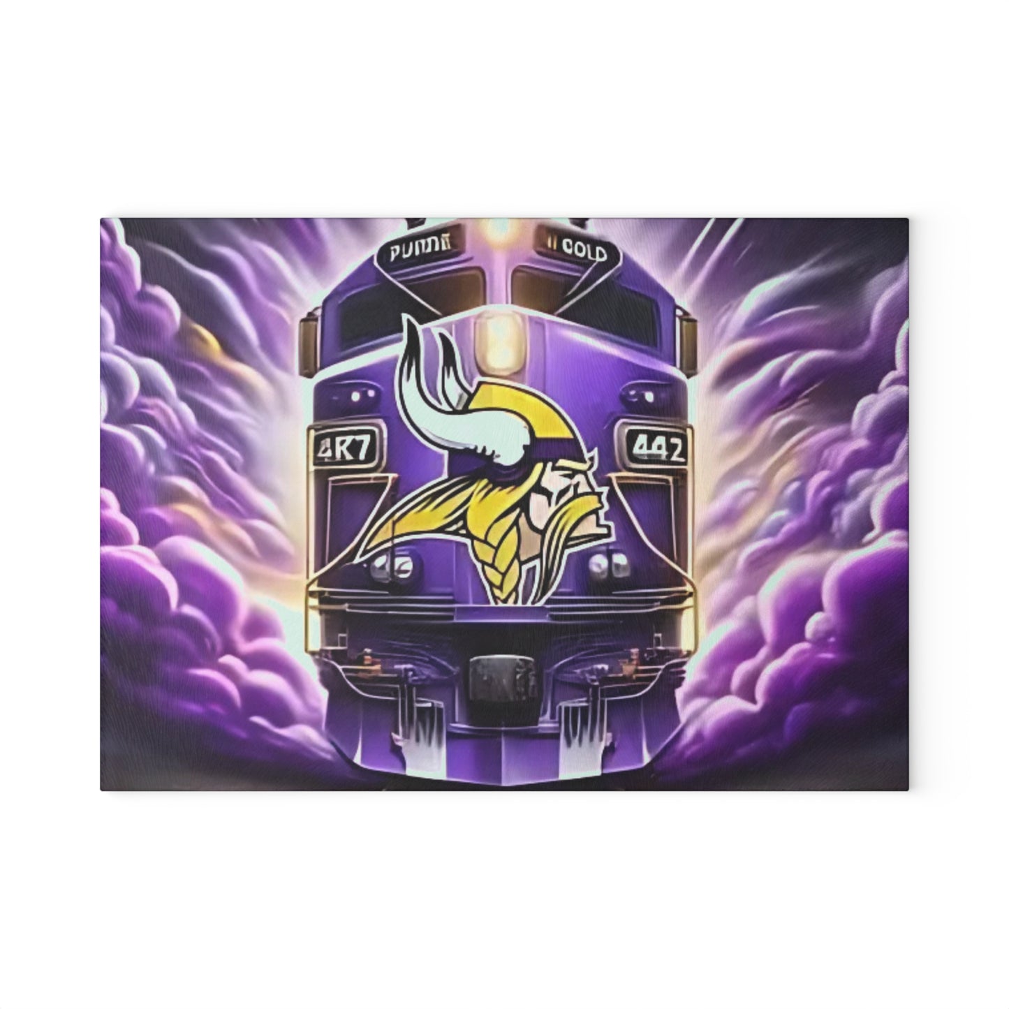 Purple & Gold Express Glass Cutting Board – Regal Train Design for Elegant Kitchens