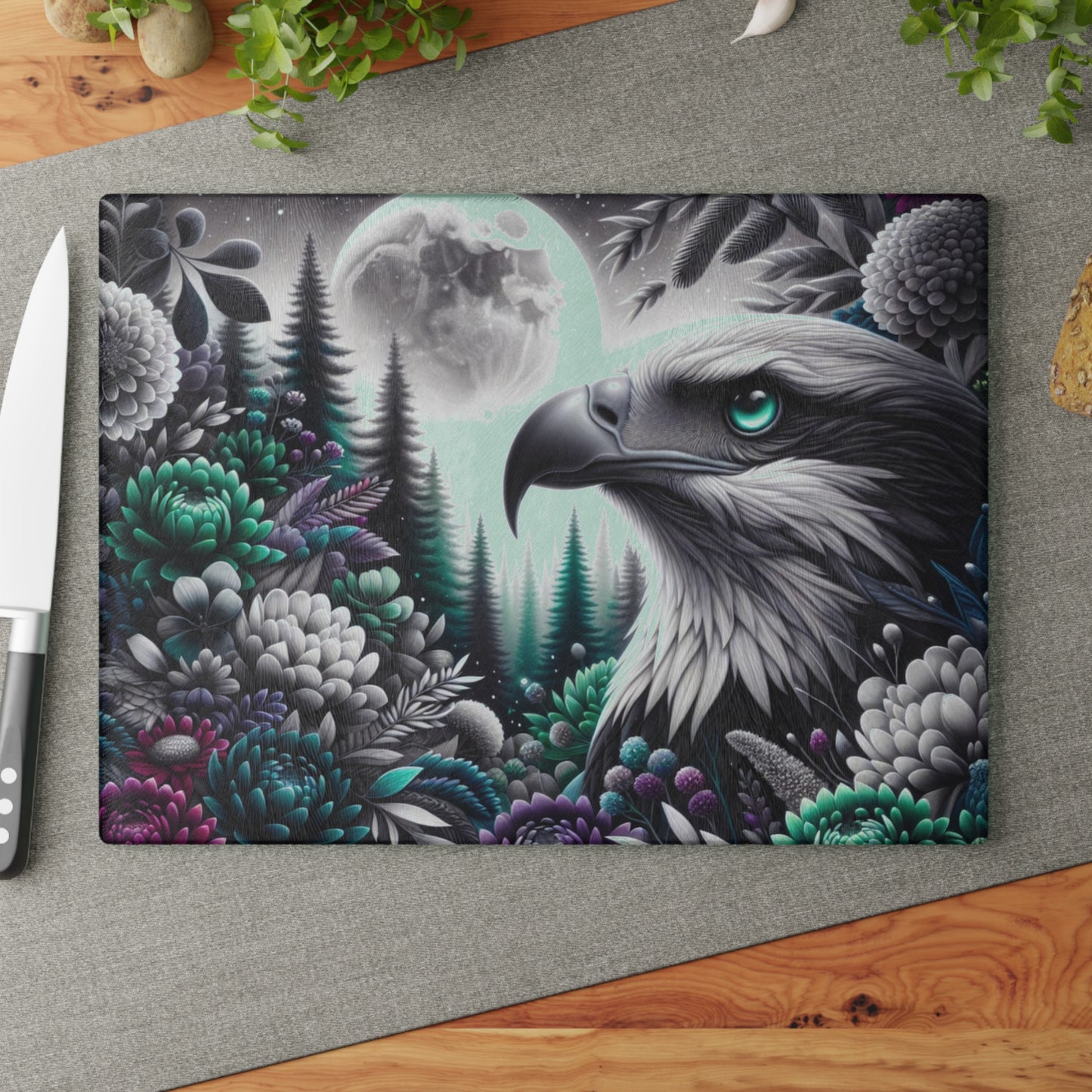 🦅🌕 “Midnight Moon Eagle” Glass Cutting Board – Bold, Modern Wild Beauty for Your Kitchen