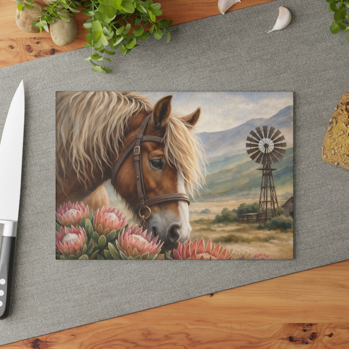 Western Horse and Windmill Glass Cutting Board – Rustic Farmhouse Country Kitchen Decor