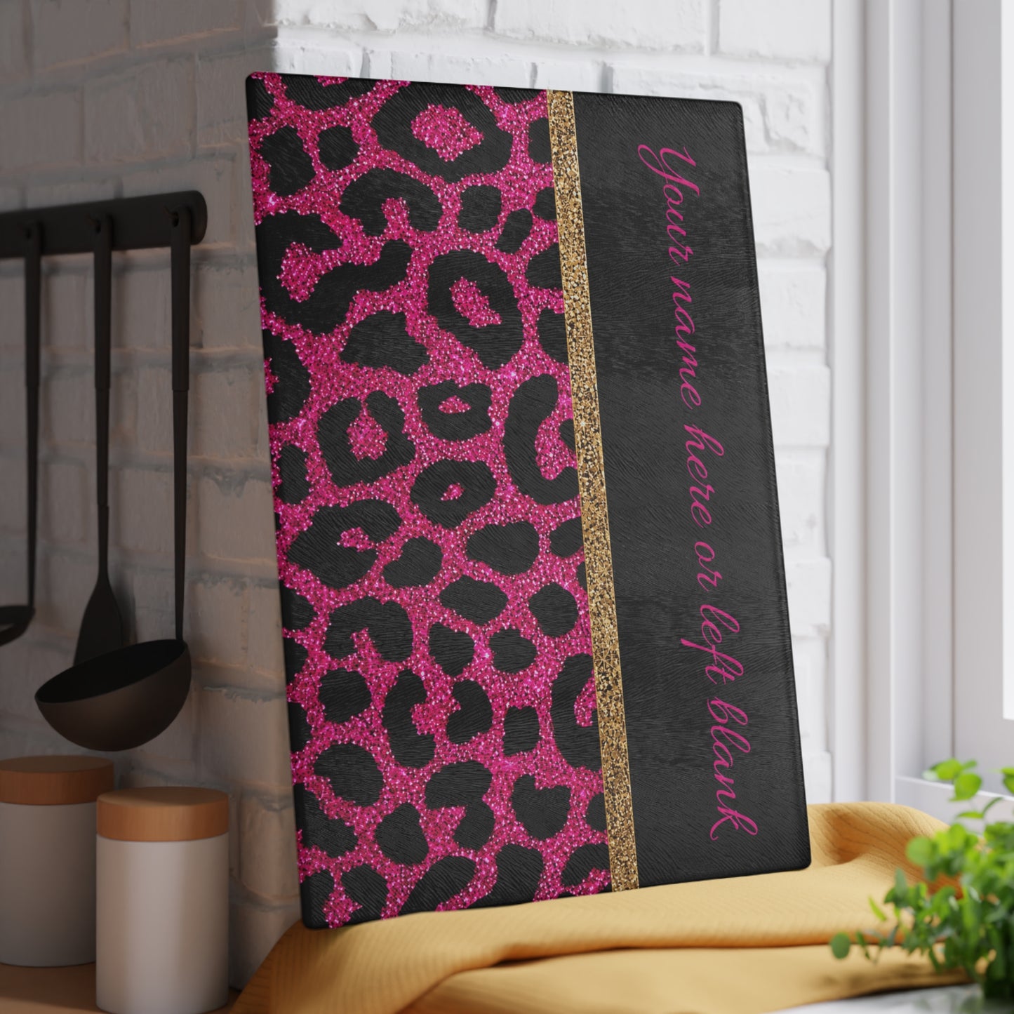 Personalized Pink Leopard Print Glass Cutting Board