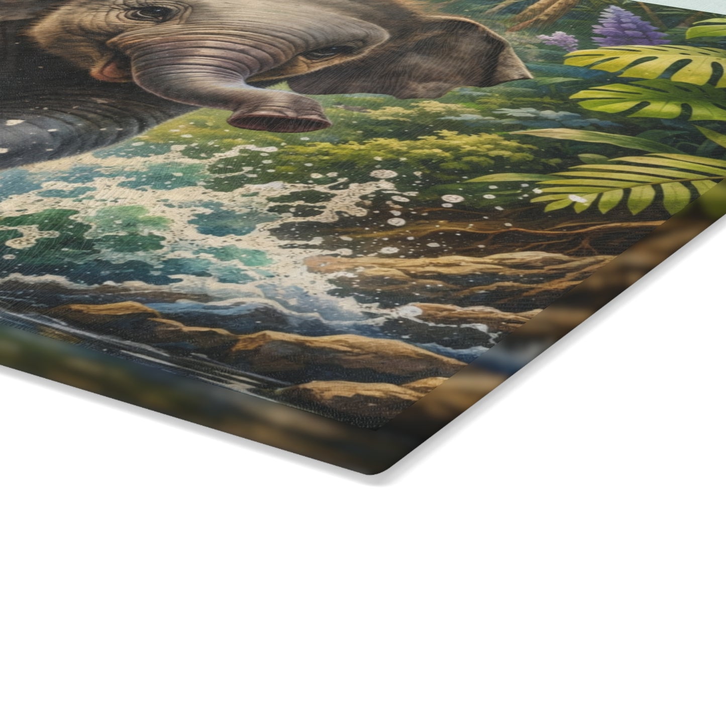 Playful Jungle Elephant Glass Cutting Board – Tropical Waterfall Wildlife Kitchen Art