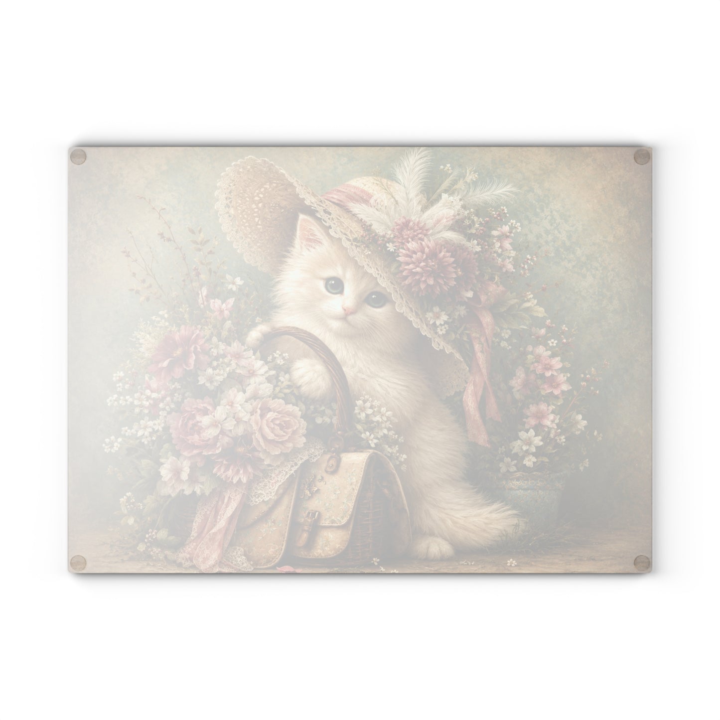 Vintage Floral Kitten Tempered Glass Cutting Board