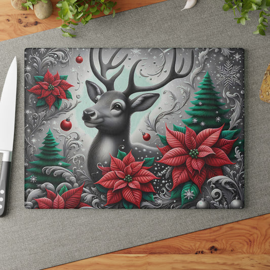 🦌❄️ “Winter Woodland Deer” Glass Cutting Board – Elegant Christmas Charm for Your Kitchen