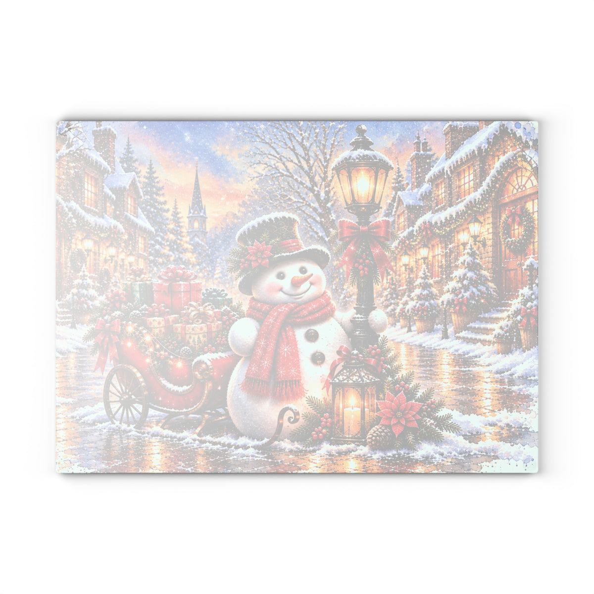 Christmas Snowman Tempered Glass Cutting Board – Vintage Christmas Village with Red Sleigh, Gifts and Lanterns – 11 × 15 Inches