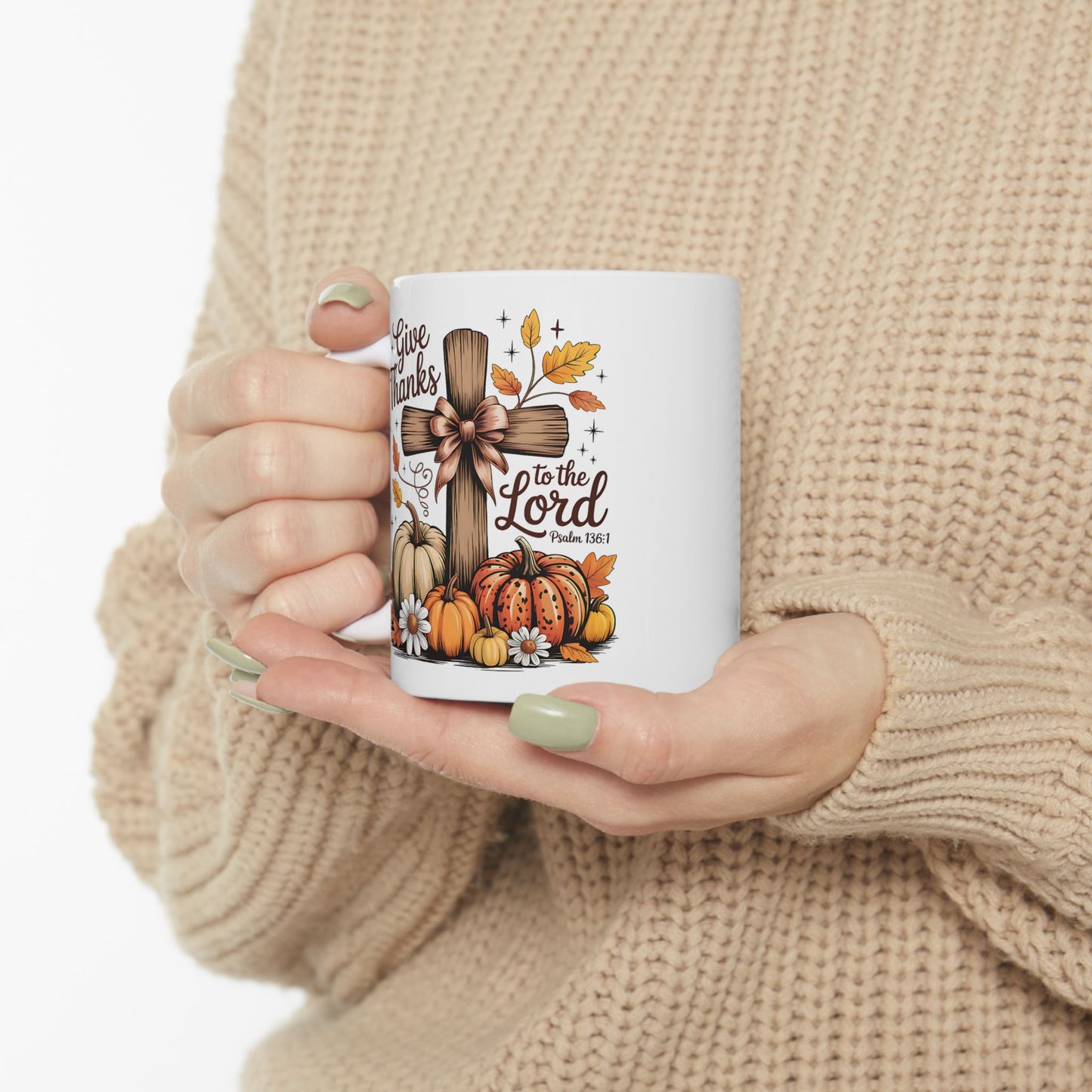 ✝️🍂 Give Thanks to the Lord Mug – Christian Fall Coffee Cup with Pumpkins & Scripture 🌻☕