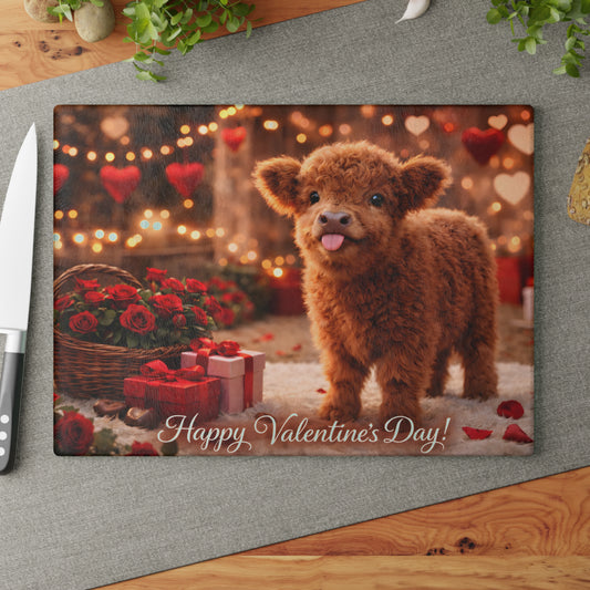 Valentine Highland Calf Glass Cutting Board – Sweet Farmhouse Love Scene Kitchen Accent