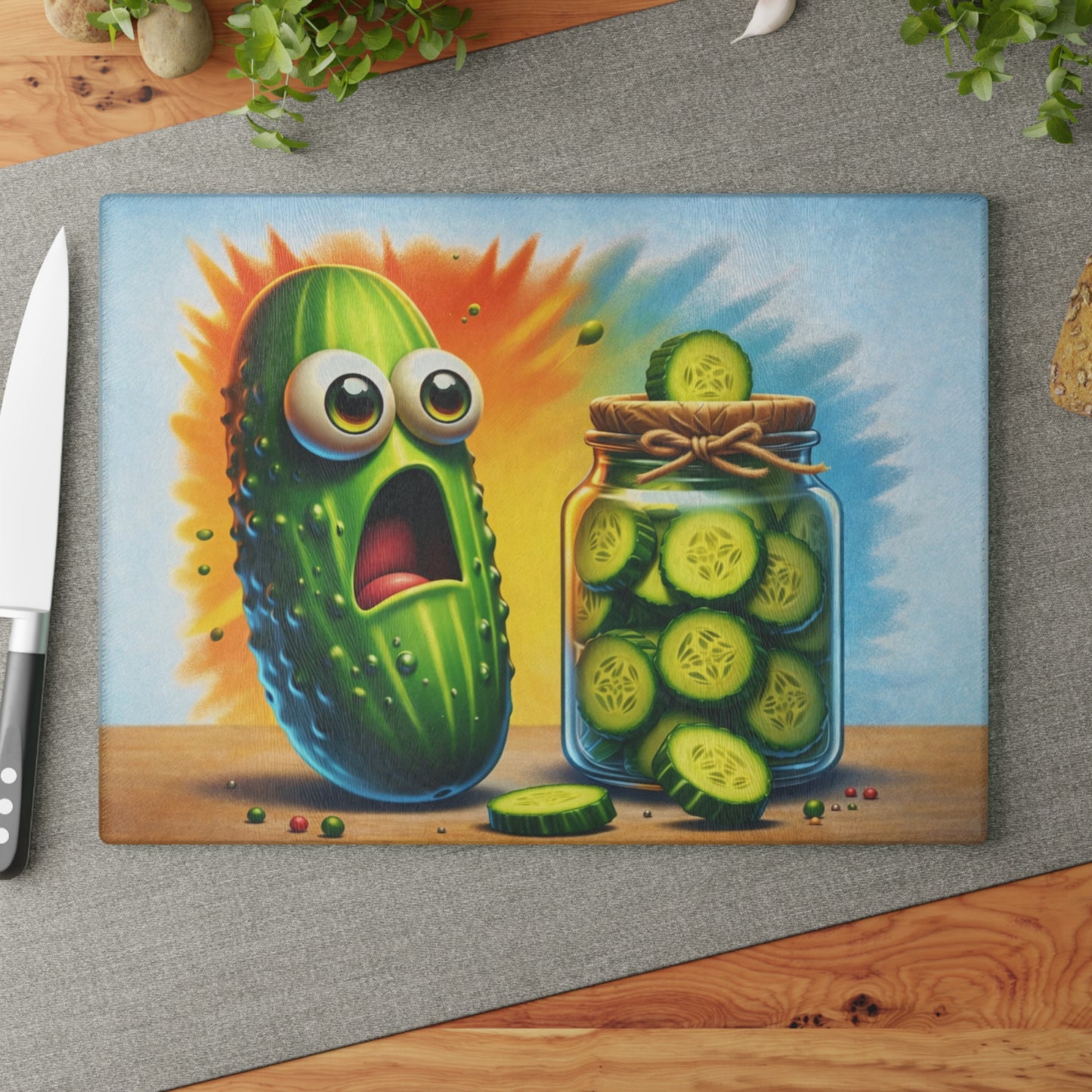 Pickled Shock Glass Cutting Board – Funny Pickle Kitchen Art with Surprised Expression