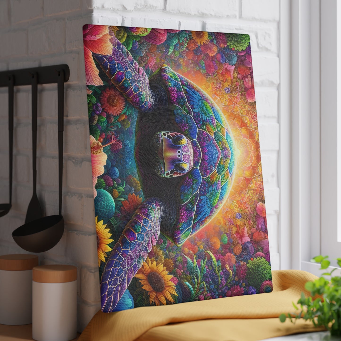 Tabla de cortar de tortuga con flores de neón: colores vibrantes, magia costera y flores artísticas