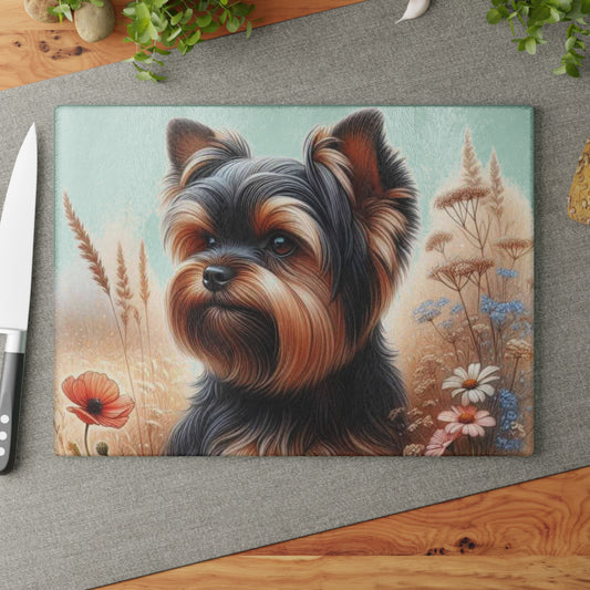 Yorkshire Terrier, tabla de cortar, regalo para amantes de los perros, vidrio templado, regalo de inauguración de la casa, tabla de charcutería, regalo único, regalo de chef