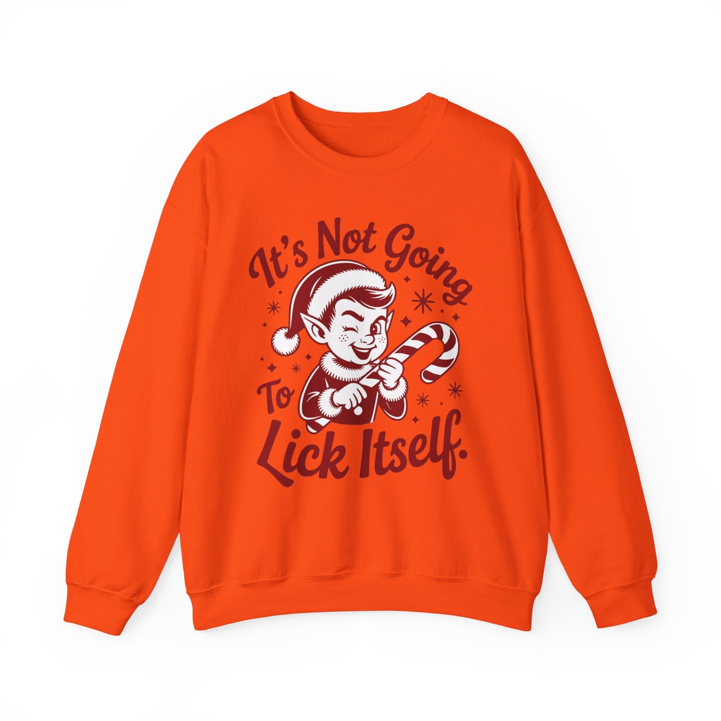 🍭😅 “It’s Not Going To Lick Itself” Men’s Funny Elf Sweatshirt – Bold Candy Cane Humor Crewneck